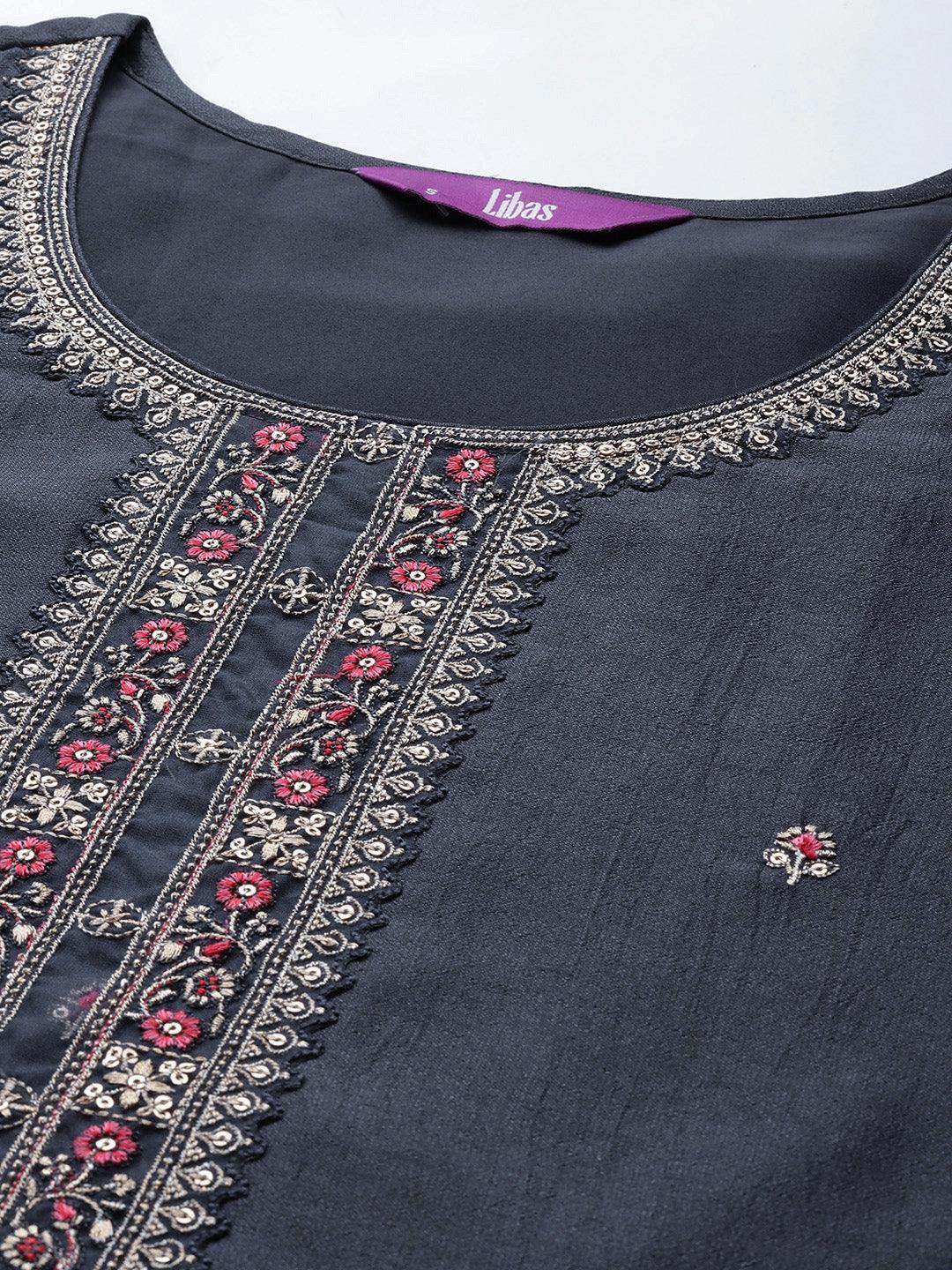 Grey Embellished Silk Straight Kurta - ShopLibas