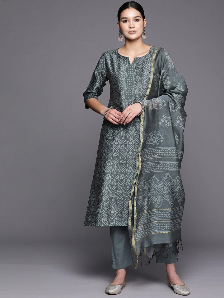 Grey Printed Chanderi Silk Straight Suit Set With Trousers