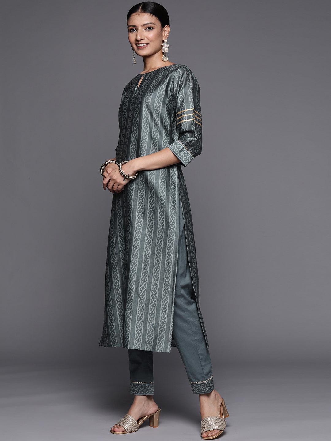 Grey Printed Chanderi Silk Straight Suit Set - ShopLibas