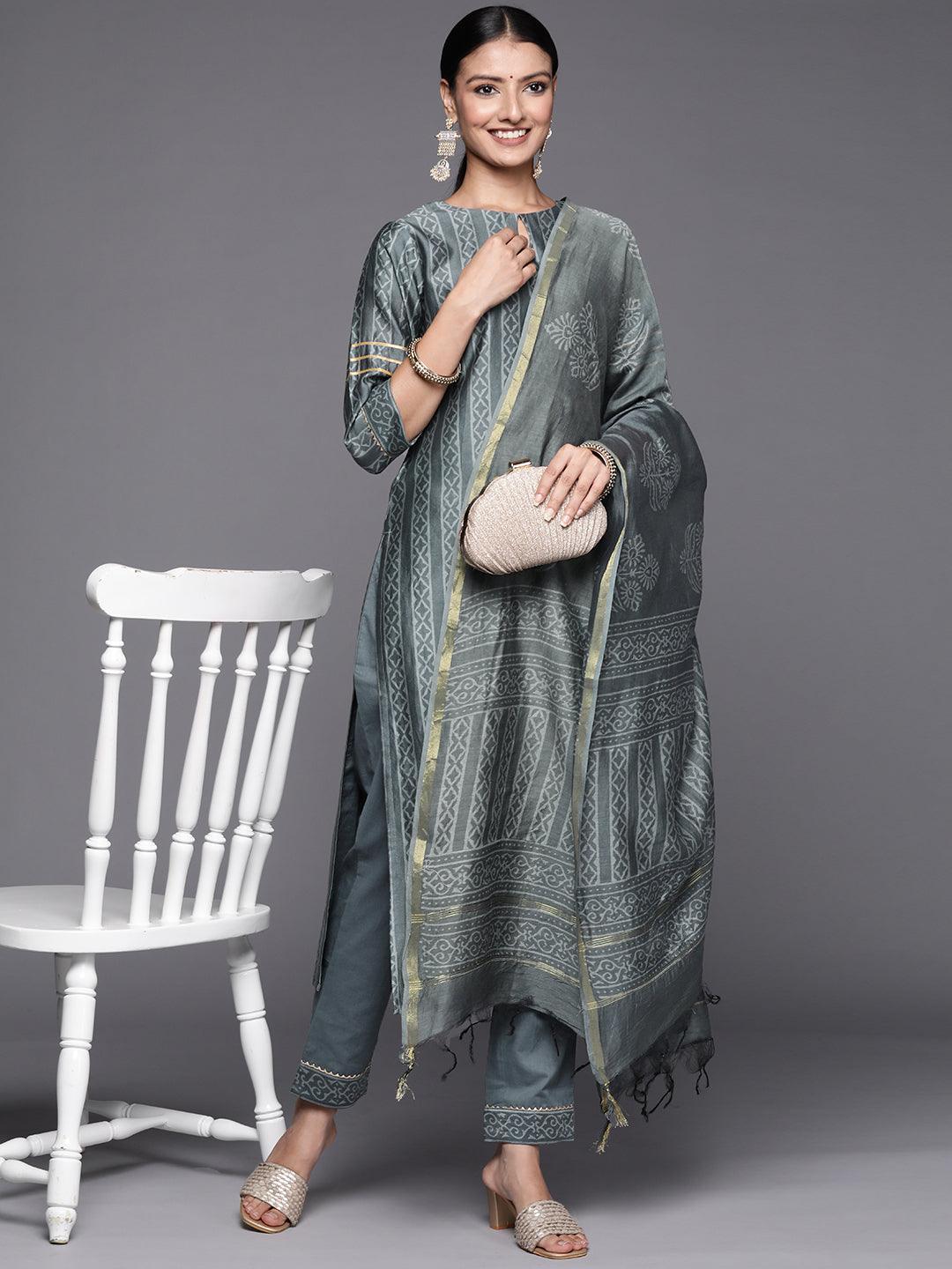Grey Printed Chanderi Silk Straight Suit Set - ShopLibas