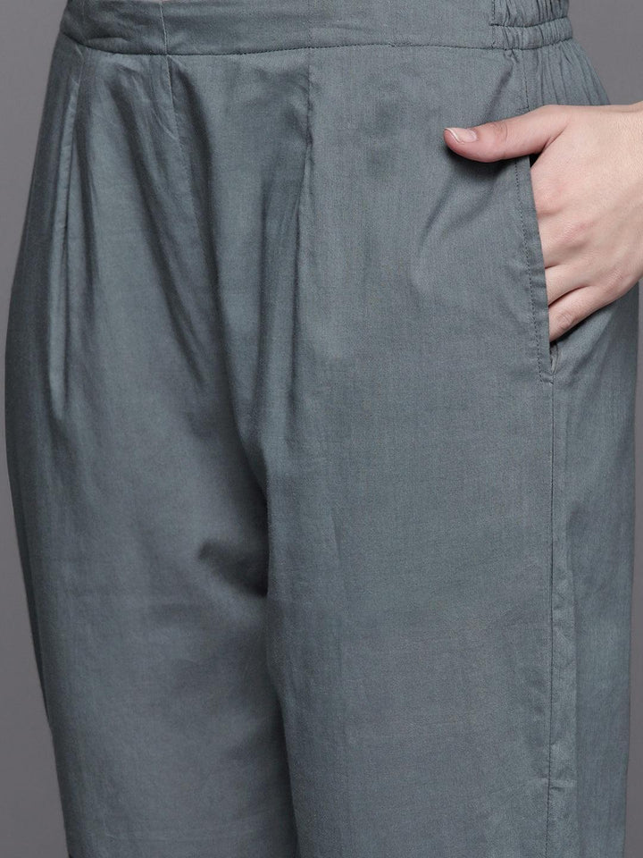 Grey Printed Chanderi Silk Straight Suit Set With Trousers