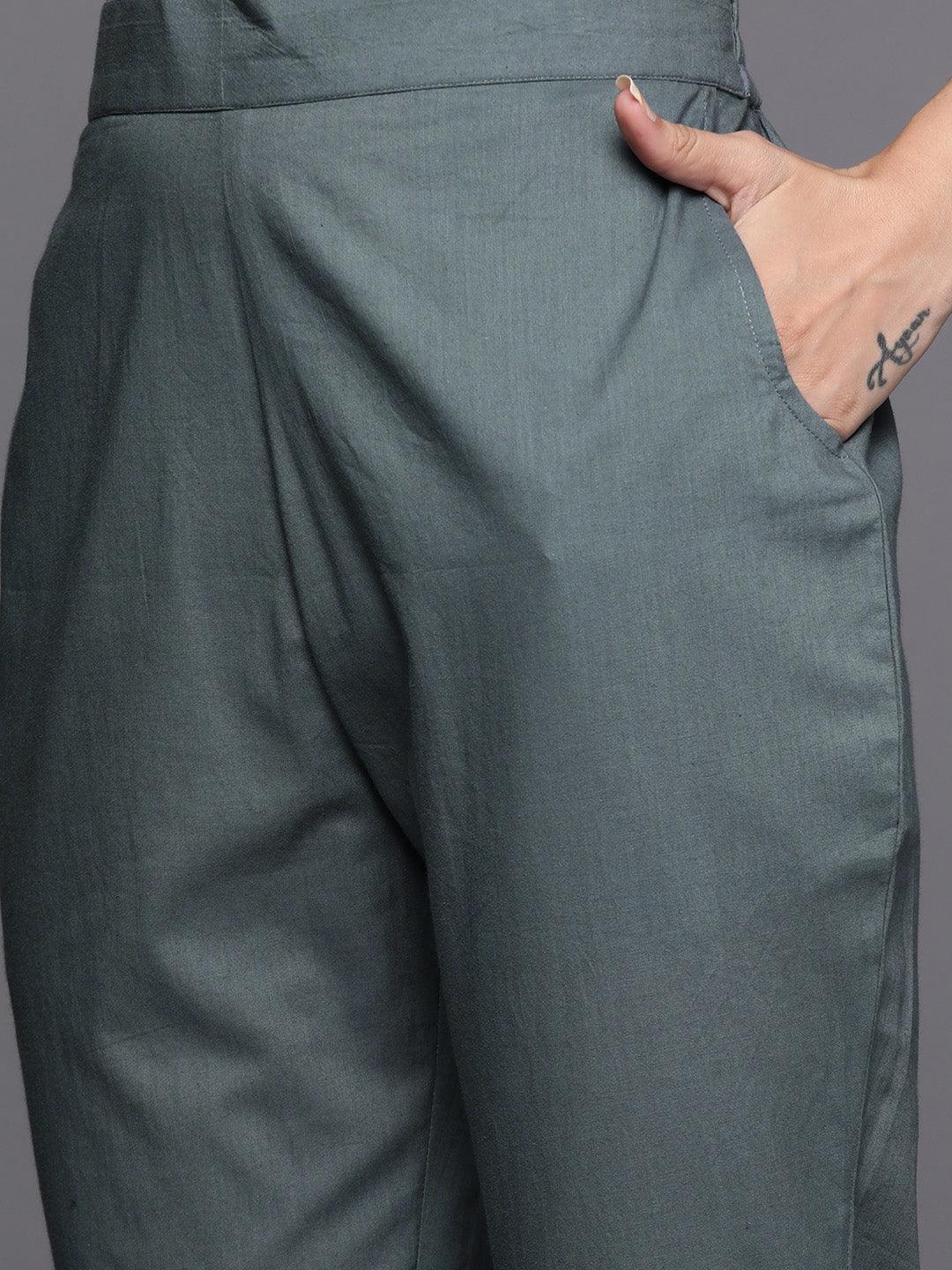 Grey Printed Chanderi Silk Straight Suit Set - ShopLibas