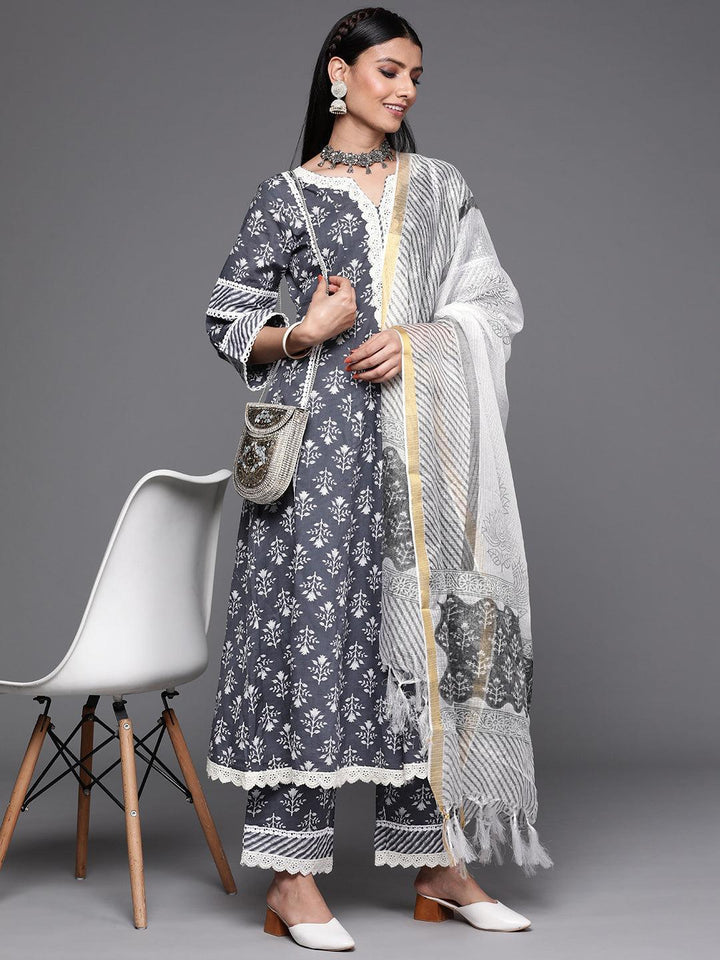 Grey Printed Cotton Suit Set