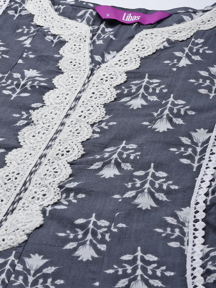 Grey Printed Cotton Suit Set