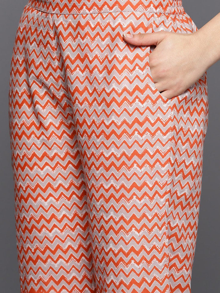 Grey Printed Cotton A-Line Suit Set With Trousers