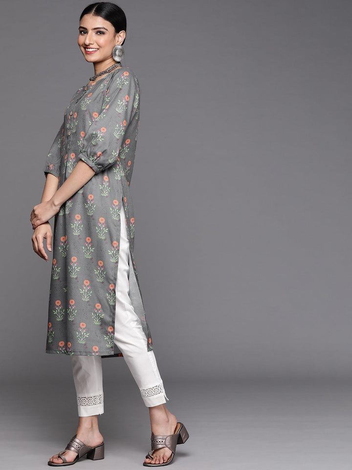 Grey Printed Cotton Kurta