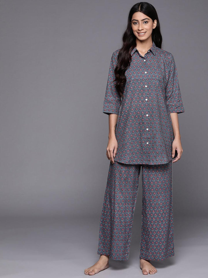 Grey Printed Cotton Night Suit