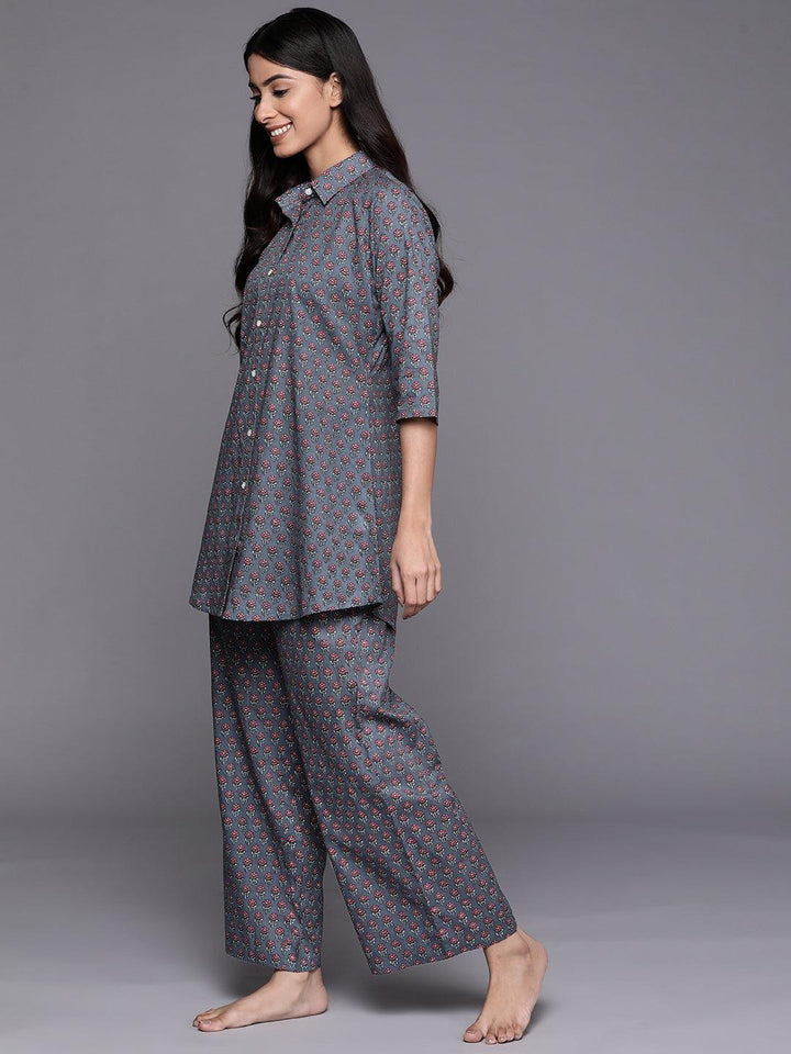 Grey Printed Cotton Night Suit