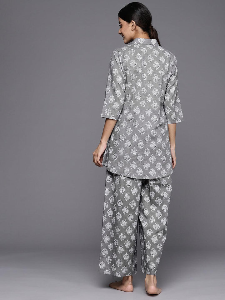 Grey Printed Cotton Night Suit