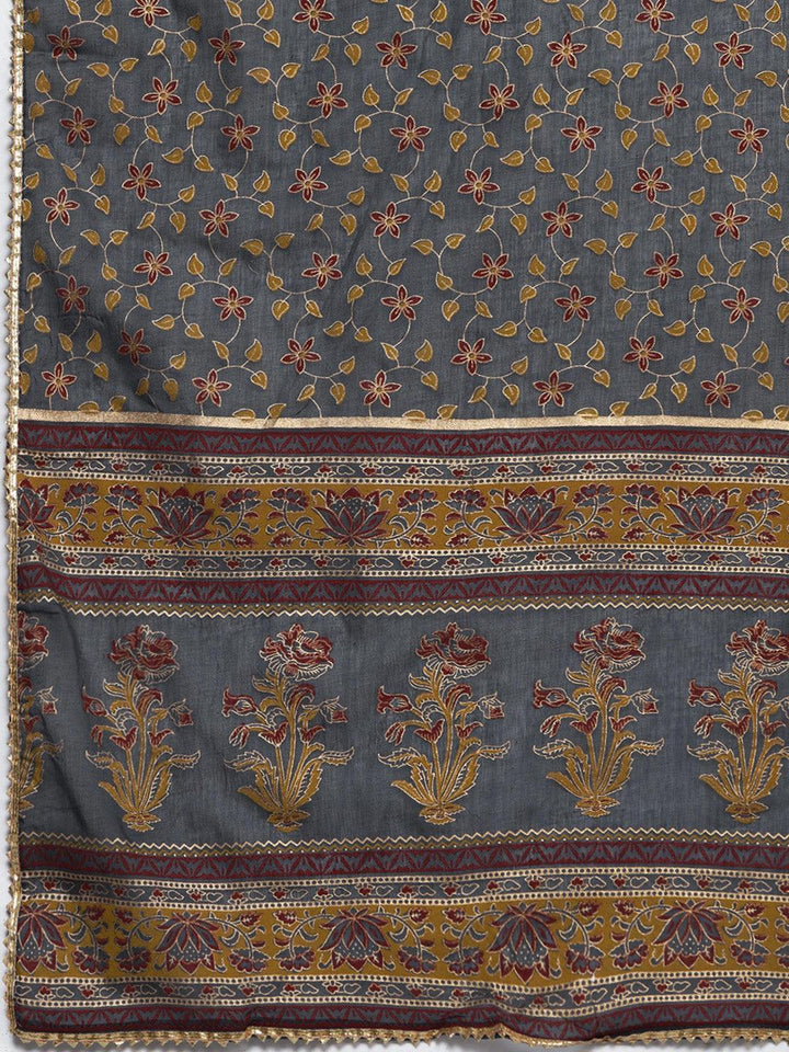 Grey Printed Cotton Straight Suit Set