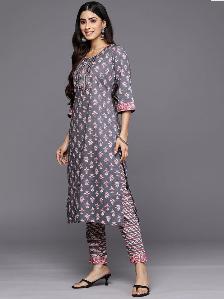 Grey Printed Cotton Straight Suit Set With Trousers