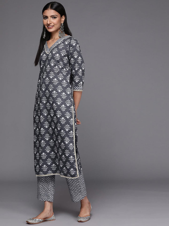 Grey Printed Cotton Straight Suit Set