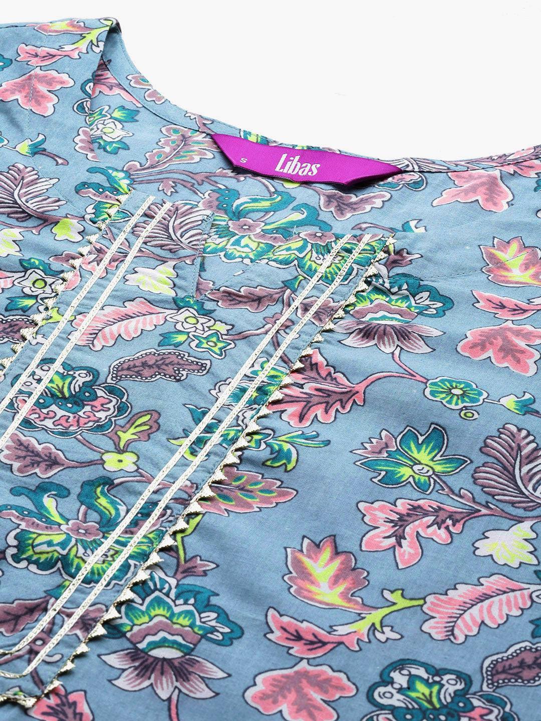 Grey Printed Cotton Straight Kurta With Trousers & Dupatta - Libas