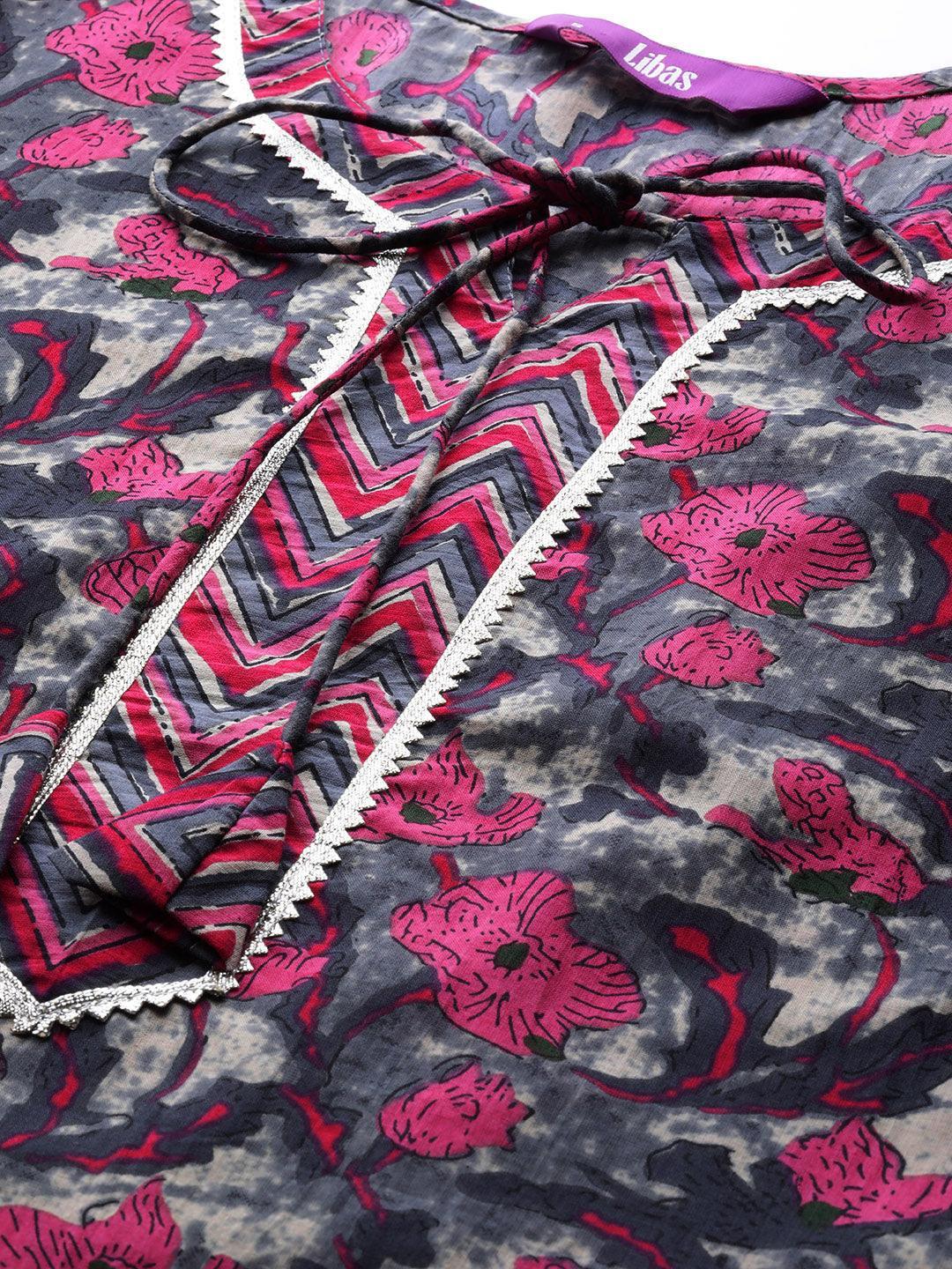 Grey Printed Cotton Straight Kurta Set With Trousers - ShopLibas