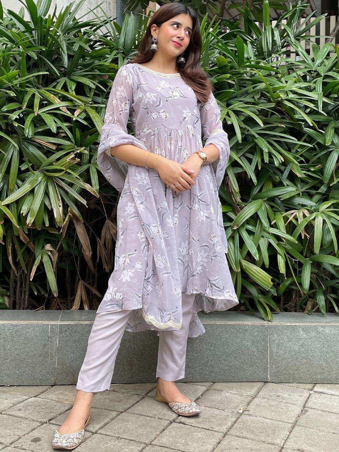 Grey Printed Georgette Anarkali Suit Set - ShopLibas