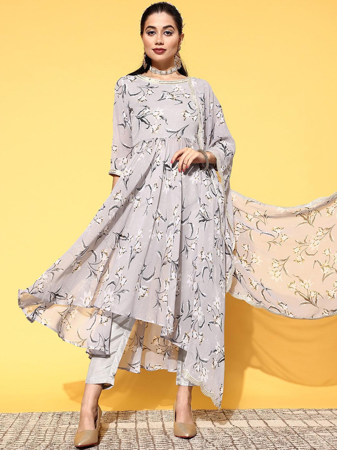Grey Printed Georgette Anarkali Suit Set - ShopLibas