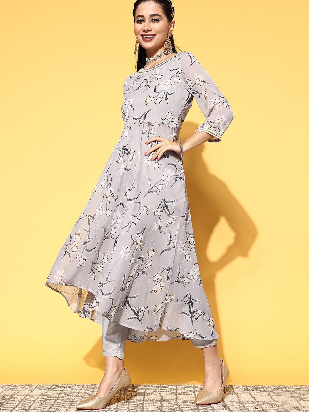 Grey Printed Georgette Anarkali Suit Set - ShopLibas
