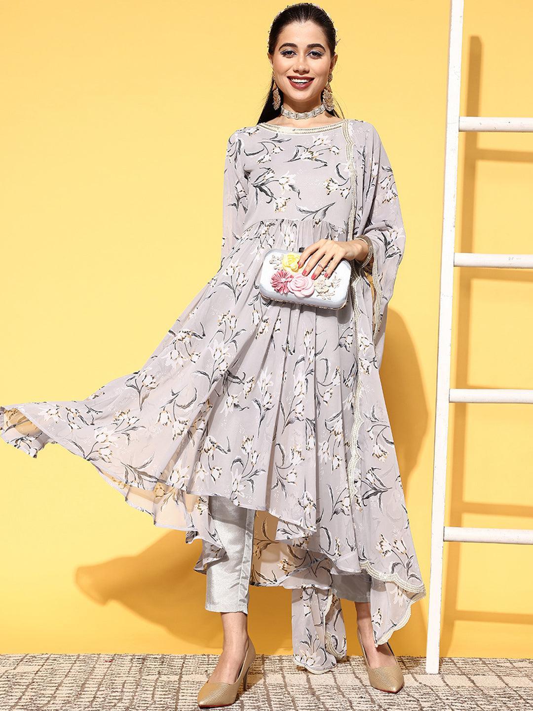 Grey Printed Georgette Anarkali Suit Set - ShopLibas