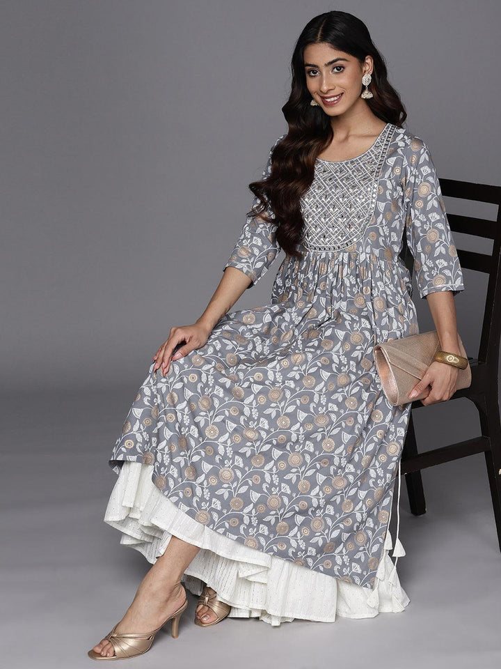 Grey Printed Rayon A-Line Kurta