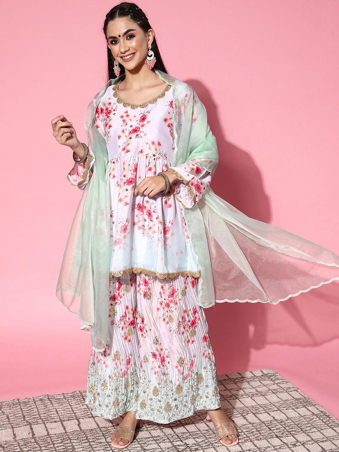 Grey Printed Satin Anarkali Suit Set - ShopLibas