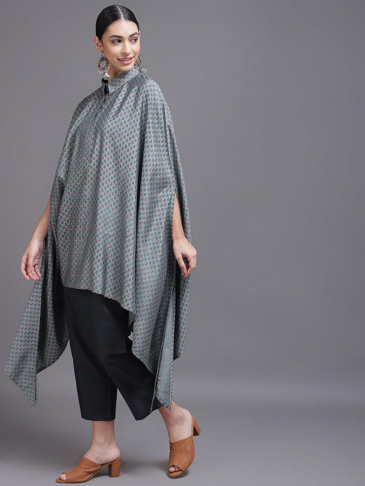 Grey Printed Silk Blend Kurta Set