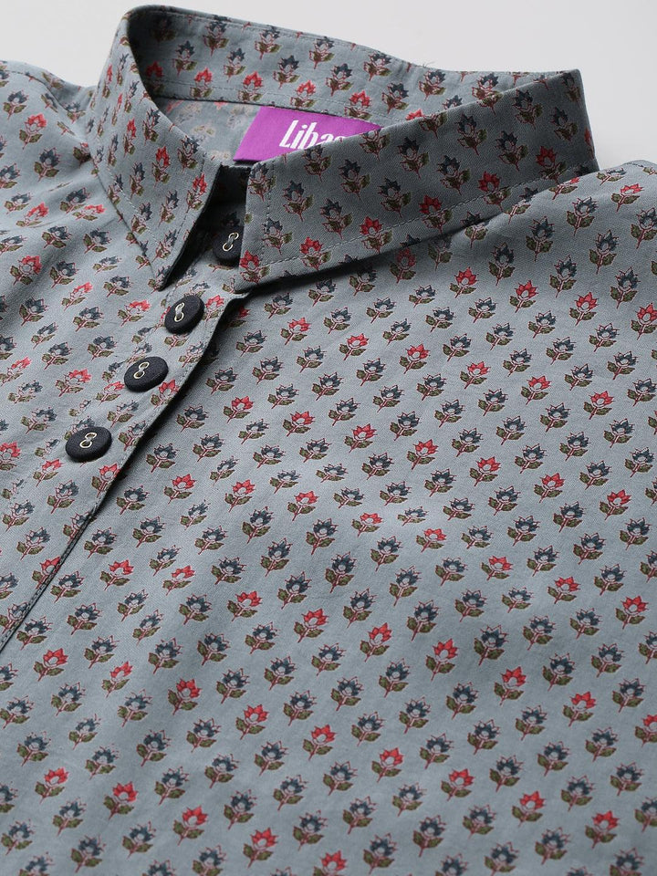 Grey Printed Silk Blend Kurta Set