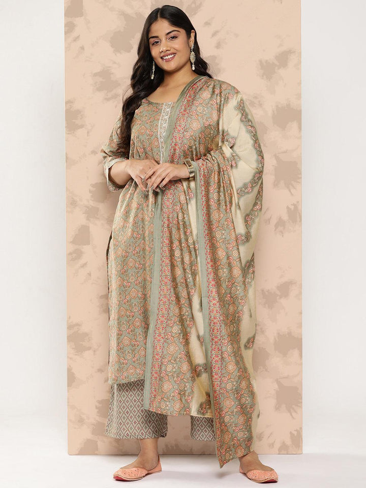 Grey Printed Silk Blend Straight Kurta With Trousers and Dupatta