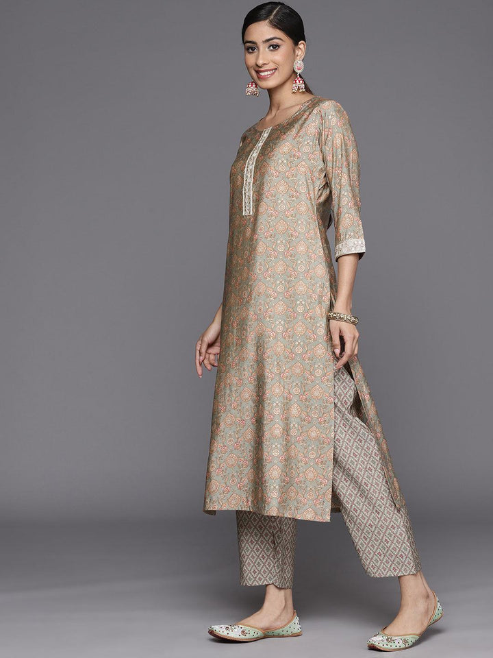 Grey Printed Silk Blend Straight Suit Set With Trousers