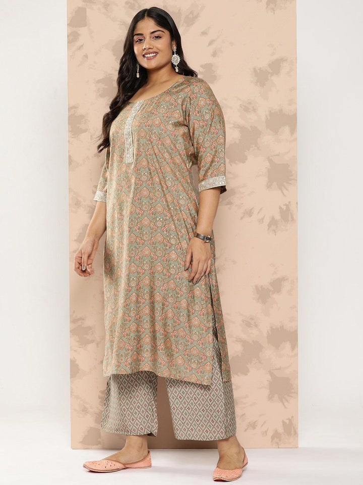 Grey Printed Silk Blend Straight Kurta With Trousers and Dupatta