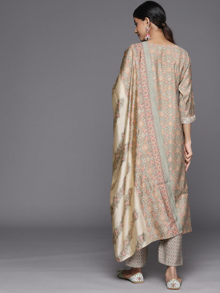 Grey Printed Silk Blend Straight Suit Set With Trousers