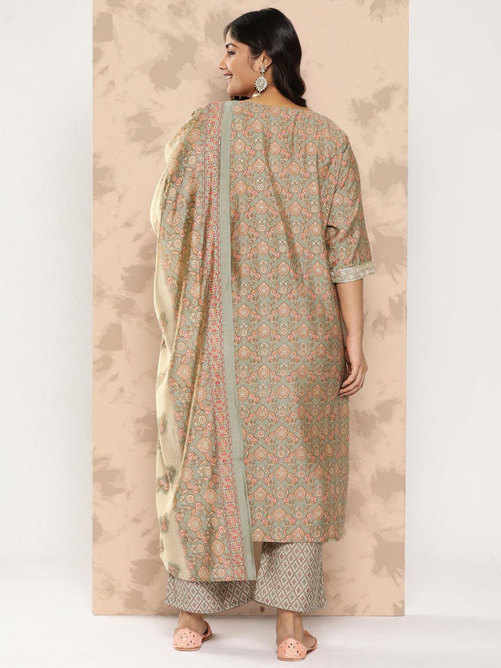 Grey Printed Silk Blend Straight Kurta With Trousers and Dupatta