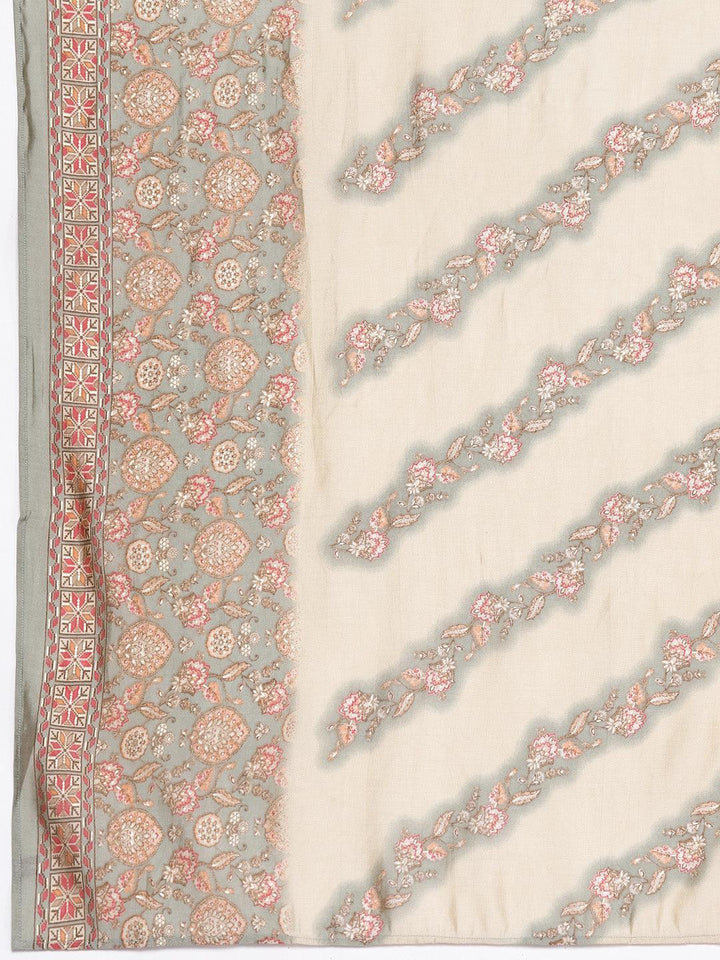 Grey Printed Silk Blend Straight Suit Set With Trousers