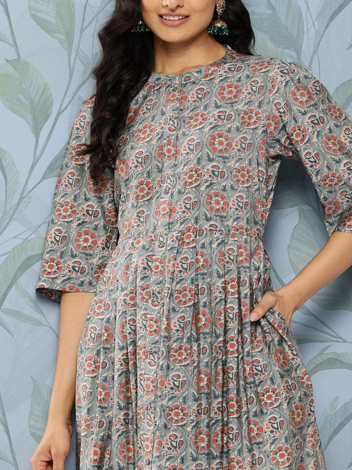Grey Printed Silk Fit and Flare Dress