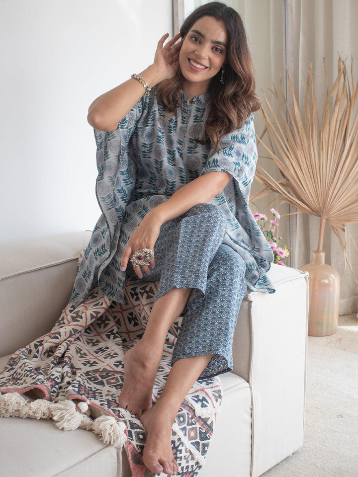 Grey Printed Silk Kurta Set