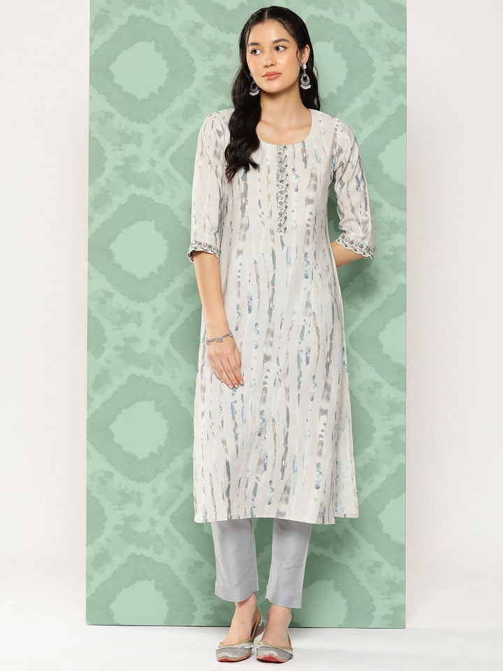 Grey Printed Silk Straight Kurta