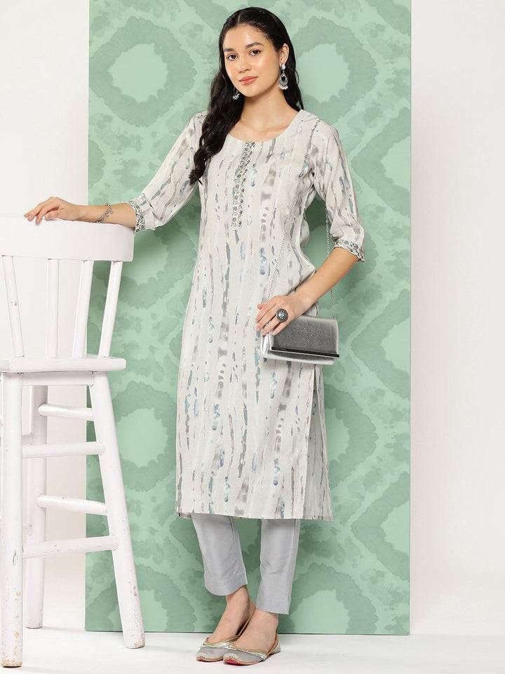 Grey Printed Silk Straight Kurta