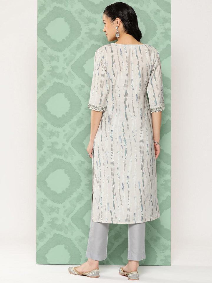 Grey Printed Silk Straight Kurta