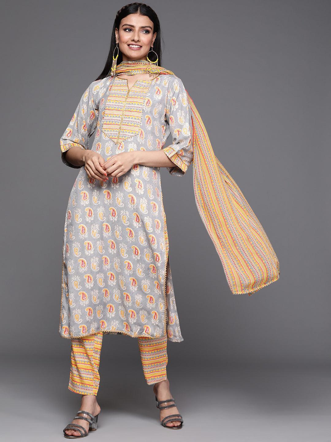 Grey Printed Silk Suit Set - ShopLibas