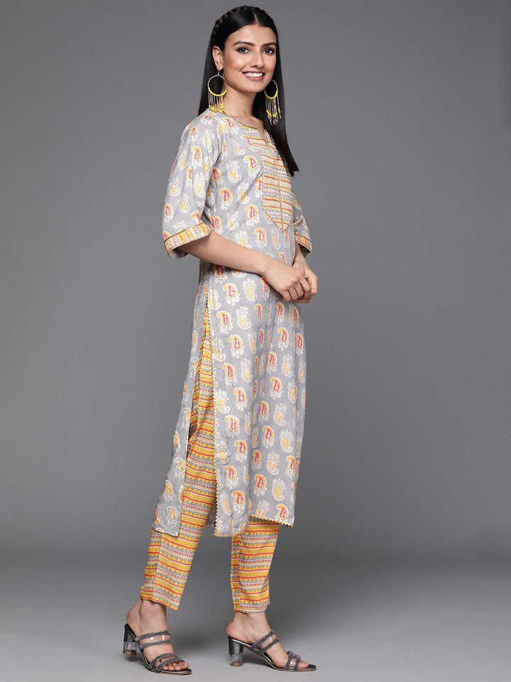 Grey Printed Silk Suit Set