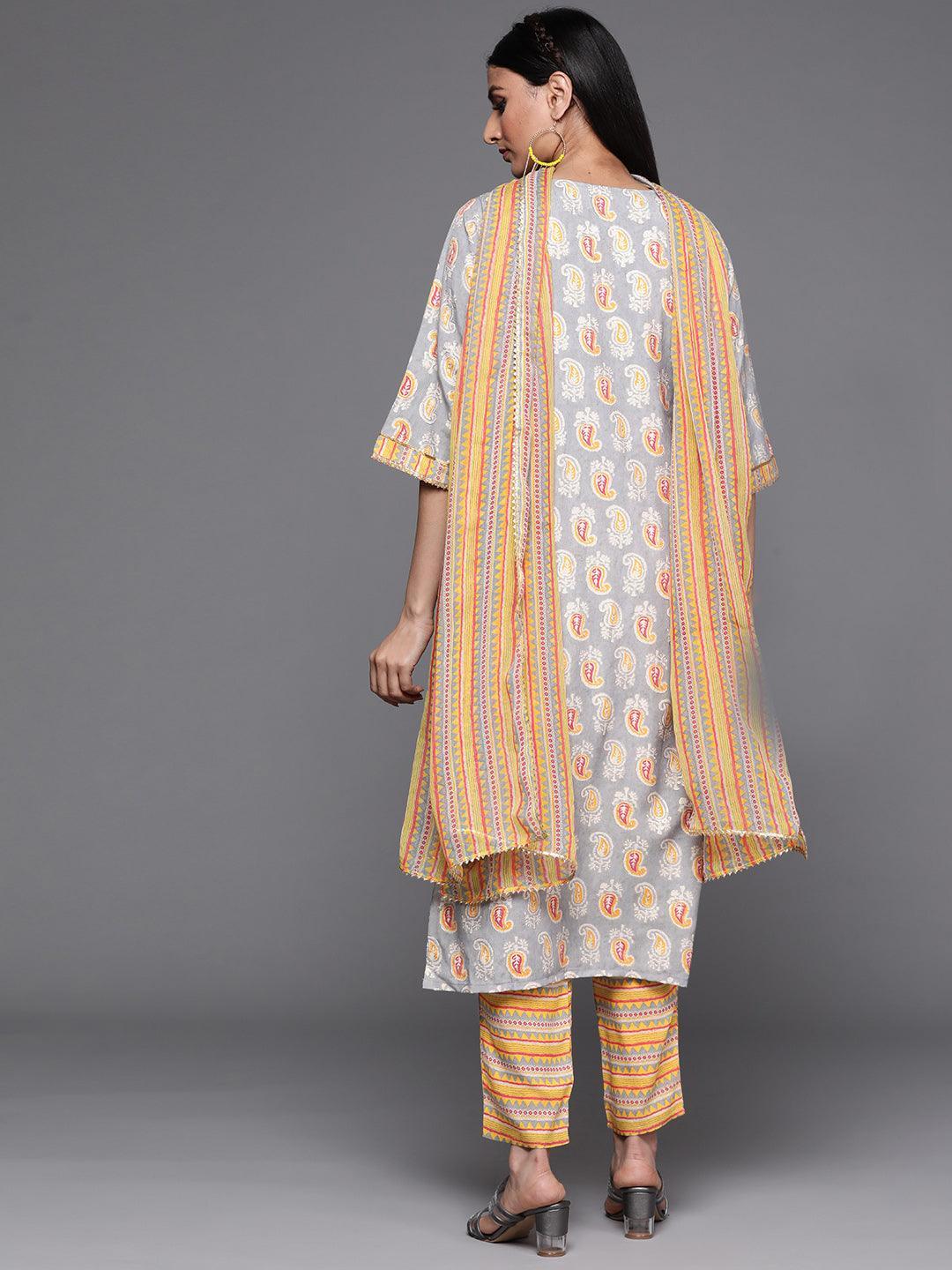 Grey Printed Silk Suit Set - ShopLibas