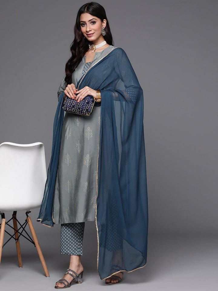 Grey Printed Silk Suit Set