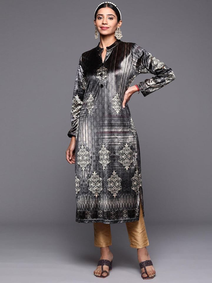 Grey Printed Velvet Straight Kurta