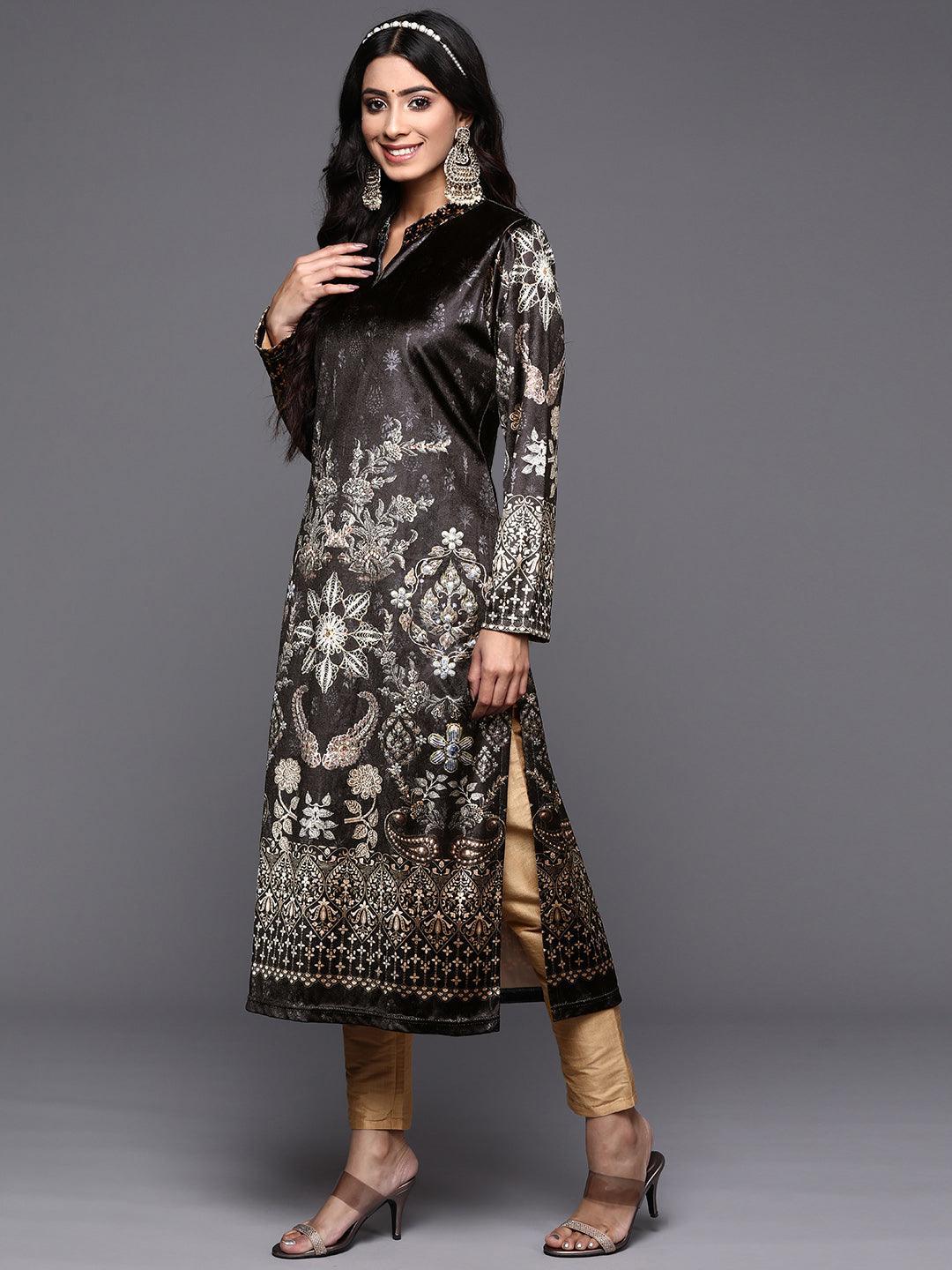 Grey Printed Velvet Straight Kurta - ShopLibas