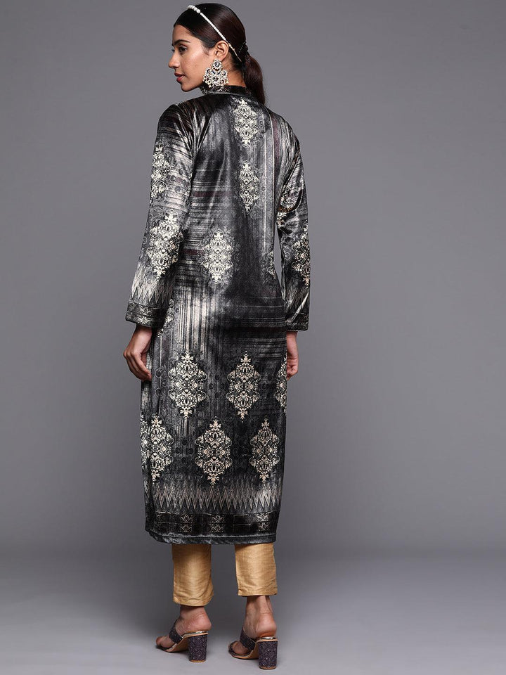 Grey Printed Velvet Straight Kurta
