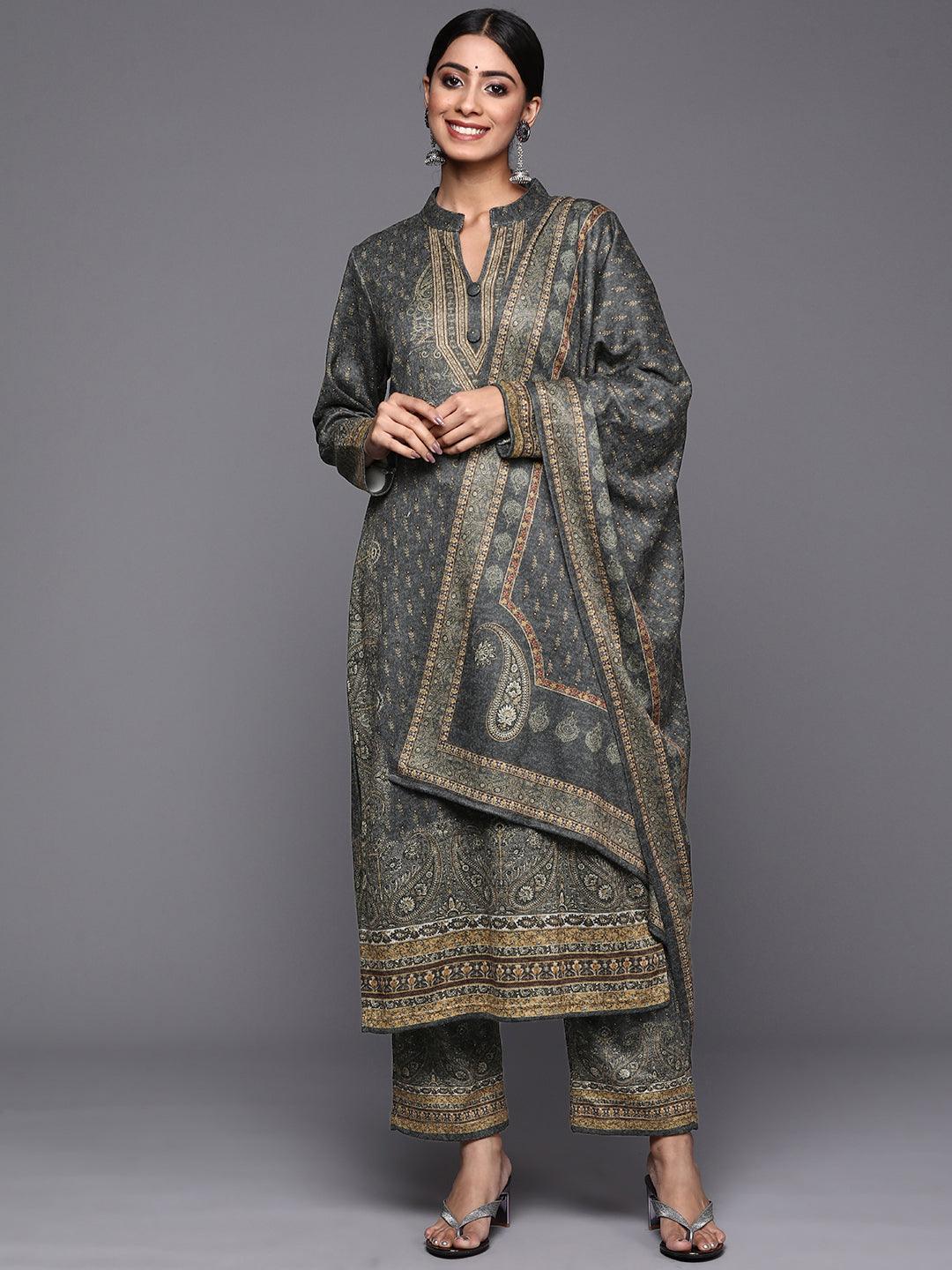 Grey Printed Wool Straight Suit Set - ShopLibas