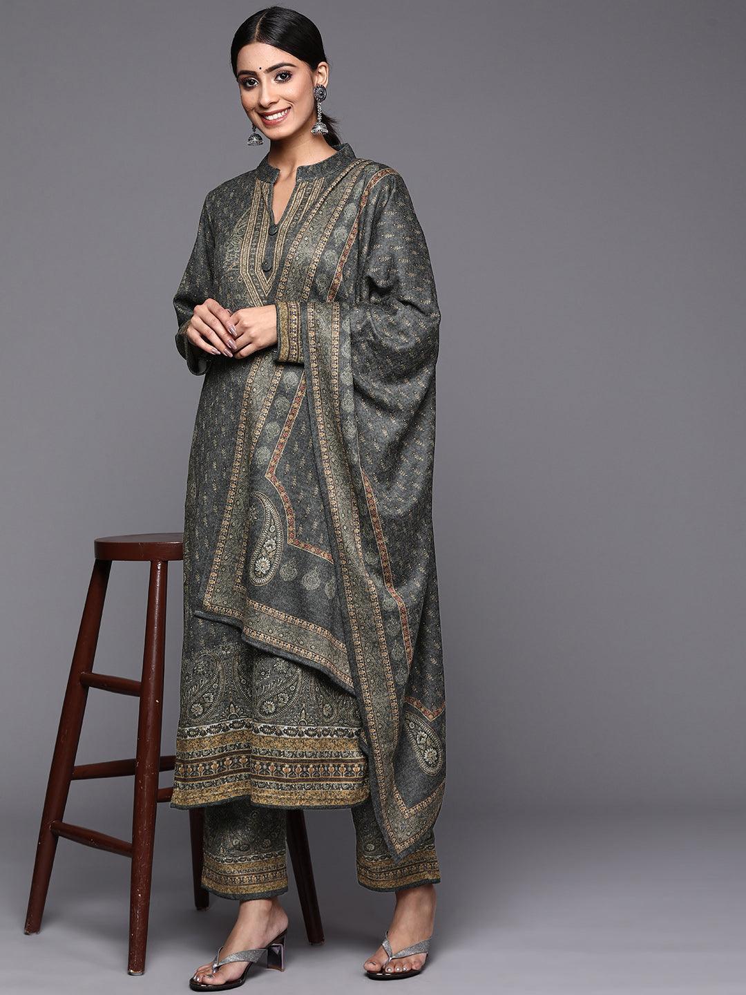 Grey Printed Wool Straight Suit Set - ShopLibas