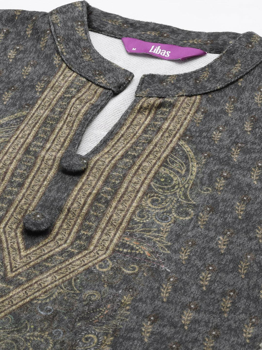 Grey Printed Wool Straight Suit Set - ShopLibas