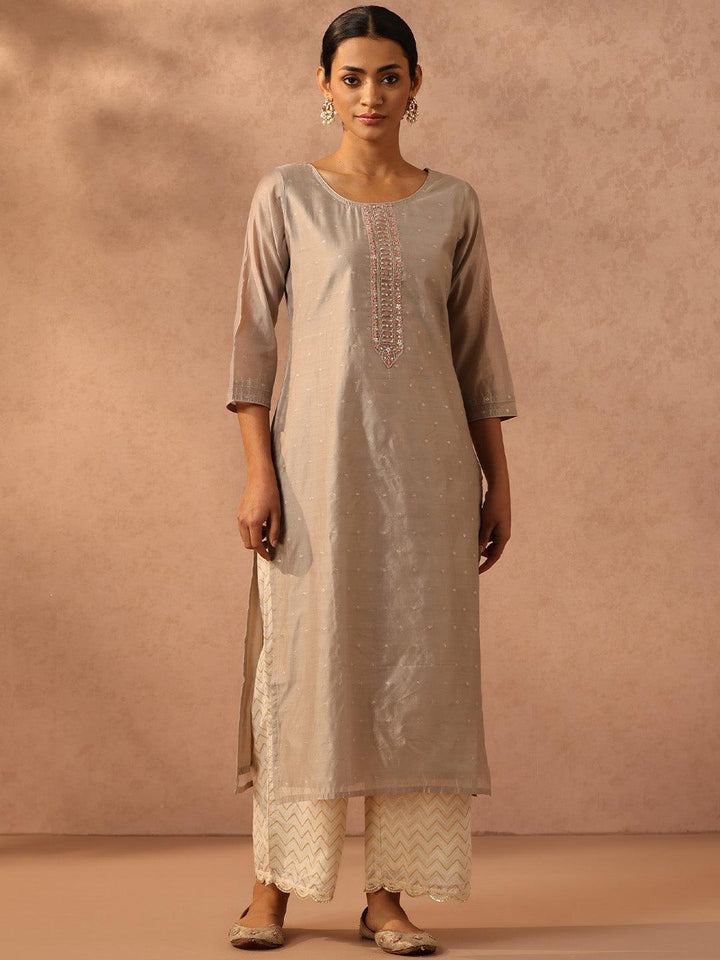 Grey Embroidered Chanderi Silk Straight Kurta