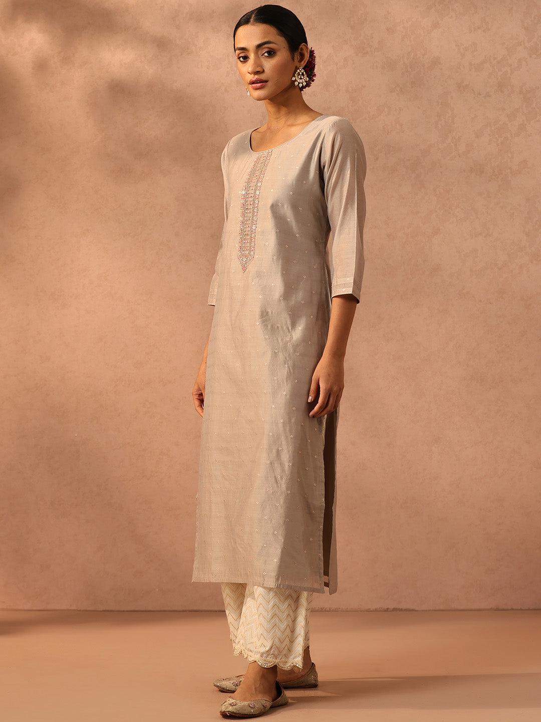 Grey Embroidered Chanderi Silk Straight Kurta - ShopLibas