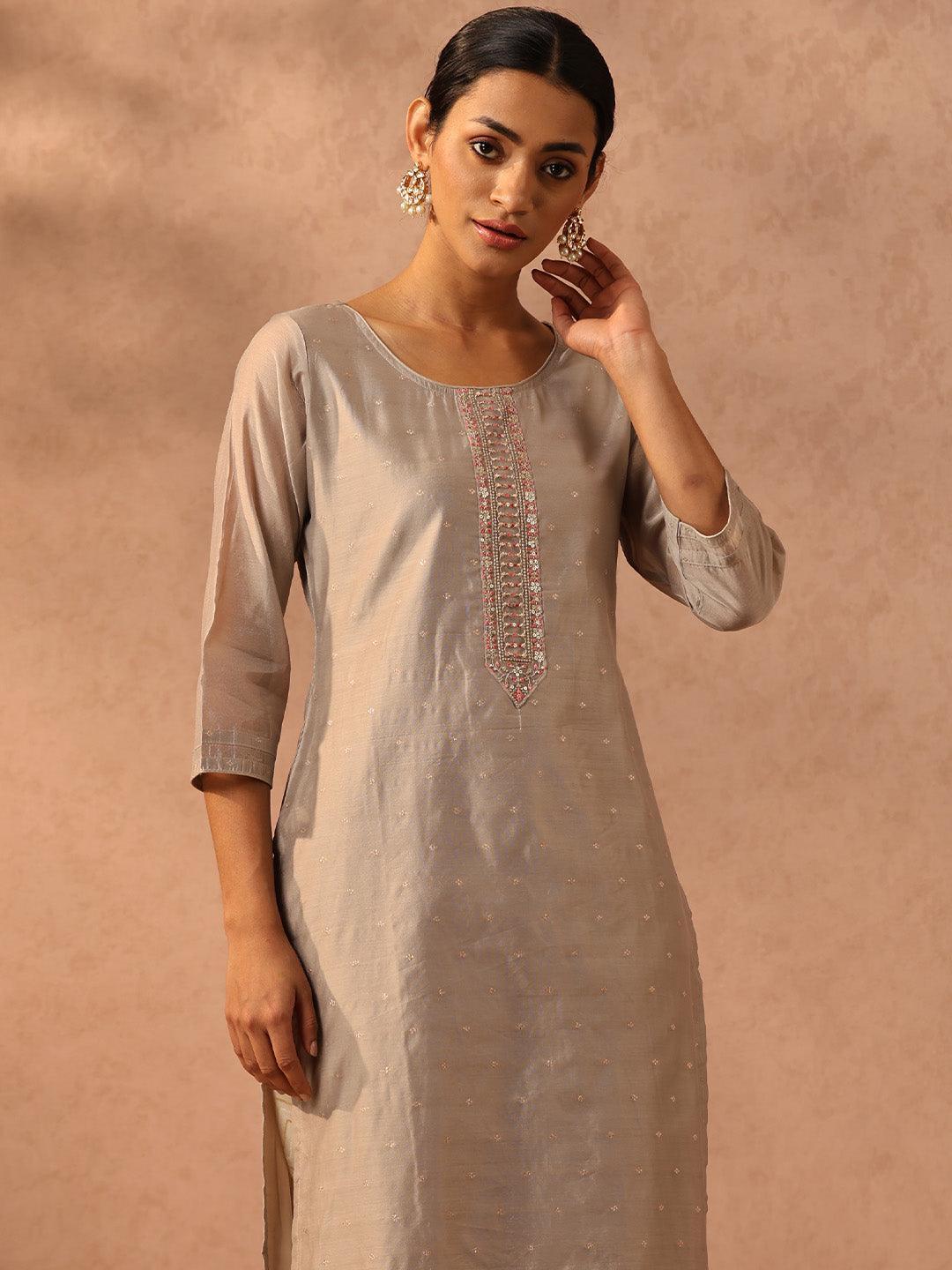 Grey Embroidered Chanderi Silk Straight Kurta - ShopLibas